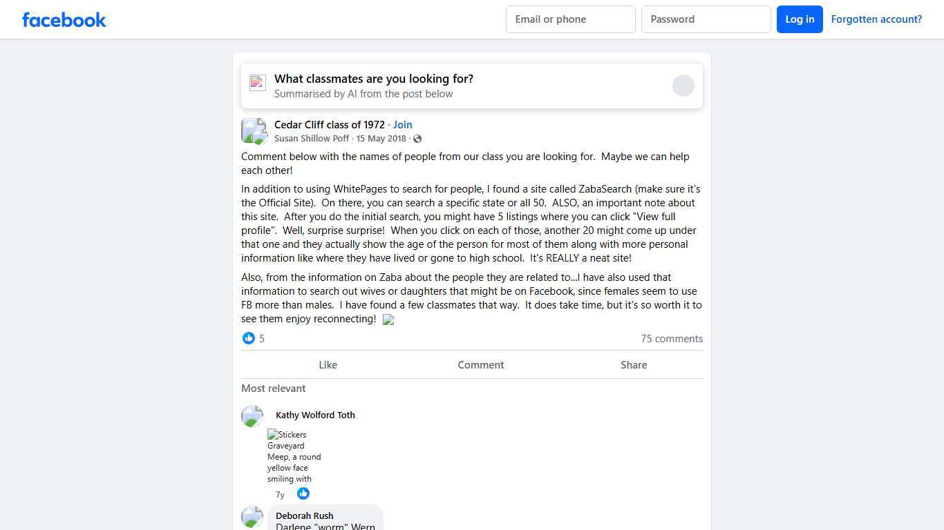 Cedar Cliff class of 1972 Comment below with the names of people from our class you are looking for Facebook